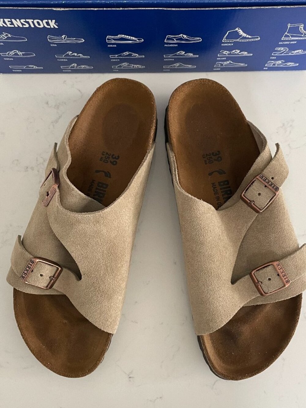 Birkenstock Zurich Narrow Fit Buckle Suede Leather Slip On Sandals Taupe 39EU